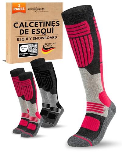 sockenkauf24 Calcetines Esquí para Mujer Lana Merino 2 Pares 35-38 Negro/Rosado