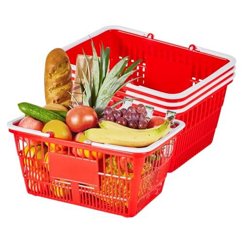 VEVOR Cestas de Compra con Asas 4 Piezas 430 x 305 x 215 mm, Apilables, de Plástico PE, Estructura de Malla Densa, Capacidad de hasta 9,07 kg, para Supermercados, Tiendas, Uso Doméstico, Rojo