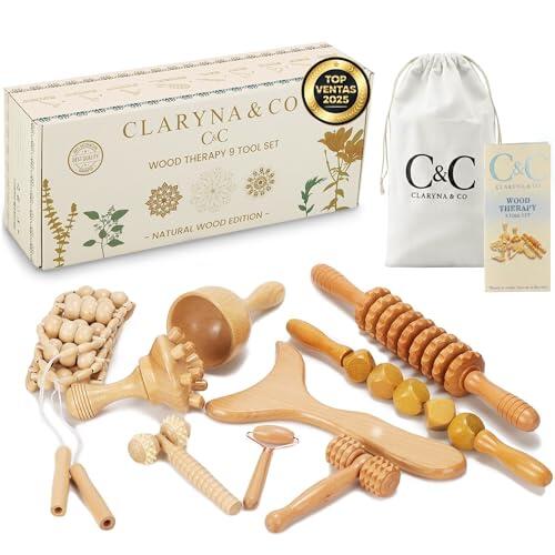 C&C Kit Maderoterapia Corporal de Madera Barnizada y Pulida, 9 Piezas, Incluye Bolsa de Algodón. Rodillo Masaje Piernas, Mesoterapia Corporal, Kit Masaje – Marca Comprometida con la Reforestación