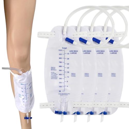 LAKPYN 4 Piezas Bolsas de Orina de 1000 ml para Las Piernas, Bolsa Sonda Vesical Pierna con 2 Cintas de Tela y Válvula Antirreflujo