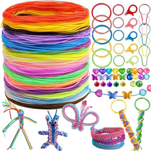 HanCheng 250 Piezas de Kits de Hilo Scoubidou,20 Colores de Hilo Scoubidou con Llaveros,Ganchos,Cuentas, Campanillas,para Hacer Pulseras,Collares y Llaveros DIY