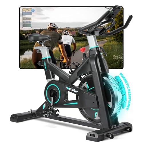 WENOKER Bicicleta estática con aplicación, silenciosa, con resistencia magnética ajustable, ergómetro de spinning para interior, con pantalla LCD, soporte para tableta, hasta 160 kg