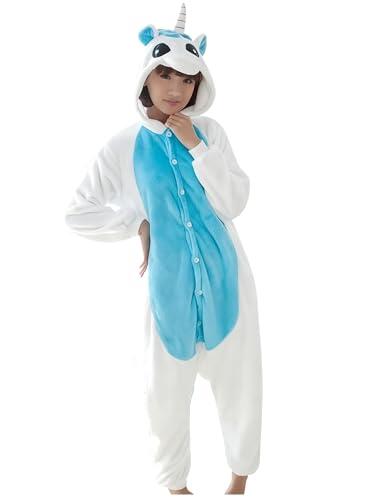 Ovender Cosplay Pijama Kigurumi Disfraz Animale Mono de una Pieza Carnaval Navidad Halloween Adultos Unisex Mujer Hombre Ropa Interior Espectáculo Invierno (S, Unicornio Azul Claro Blanco)