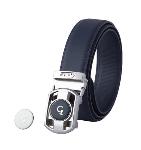 Litume Cinturón de Golf con Trinquete de Piel Genuina Green Golf para Hombre, Diseño sin Agujeros con Marcador de Bola Magnético de Esmalte y Hebilla de Trinquete de Microajuste(Azul oscuro)