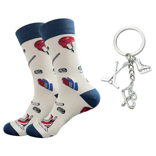 PIujsym Juego de regalo de hockey sobre hielo – Divertidos calcetines de hockey sobre hielo para hombre con llavero, calcetines de hockey sobre hielo, regalo perfecto para jugadores y aficionados en