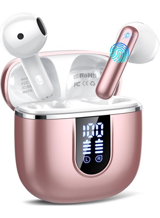 Auriculares Inalambricos Bluetooth, HiFi Estéreo Auriculares Bluetooth 5.4 con 4 HD Mic, 40H Cascos Inalambricos con ENC Reducción de Ruido, Pantalla LED, IP7 Impermeablem Cascos, Ajuste Cómodo, Rosa