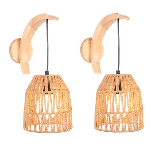 LIGINOK – Lote de 2 lámparas de pared interiores de madera vintage lámpara de pared cuerda de cáñamo E27 apliques de ratán, lámpara bohemia, lámpara de pared bohemia, para dormitorio, salón, pasillo