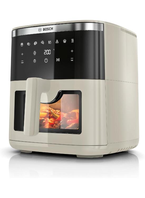 Bosch - Freidora de aire Serie 6, Air Fryer XXL capacidad de 7,2 L, 7 programas y ventana de visualización con luz, beige mate, MAF671C0