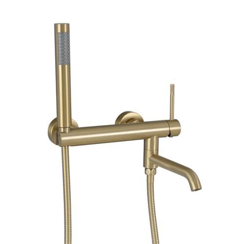PHASAT Grifo de bañera con ducha de mano, Mezclador de bañera para caño giratorio de 90°, Grifo de pared monomando de ducha, Oro cepillado PTBG26E