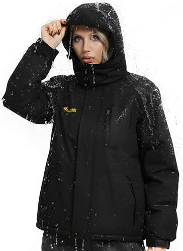 Mnking Chaqueta Esquí Impermeable Mujer Lana Cazadora Montaña Snowboard Invierno Forro Polar Cálida Antiviento Abrigos con Capucha Desmontable Exterior CFY226W-Black-L