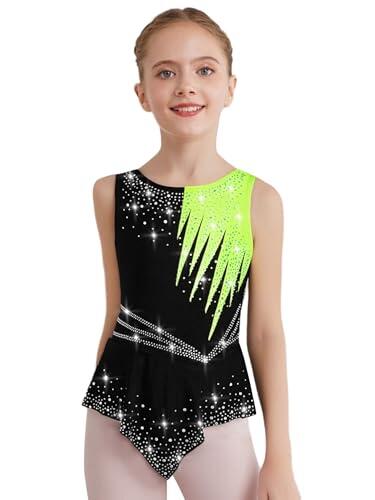 Alvivi Leotardos Patinaje Artistico Vestido Brillante de Danza Ballet para Niña Maillot con Falda Patinaje Vestido de Gimnasia Ritmica Body de Baile Competición Amarillo fluorescente 7-8 años