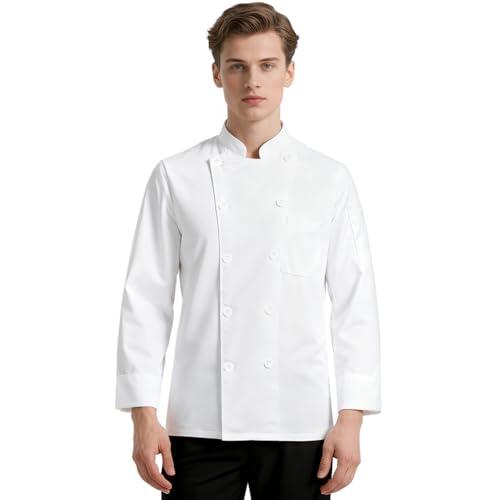 DiULi Chaquetilla Chef Hombre y Mujer, Chaqueta de Chef Manga Larga, Chaquetas Cocinero, Casaca Cocina Uniforme con Botónes, Abrigo de Trabajo Camarero Unisex para Hosteleria,Cocina,Restaurante Blanco