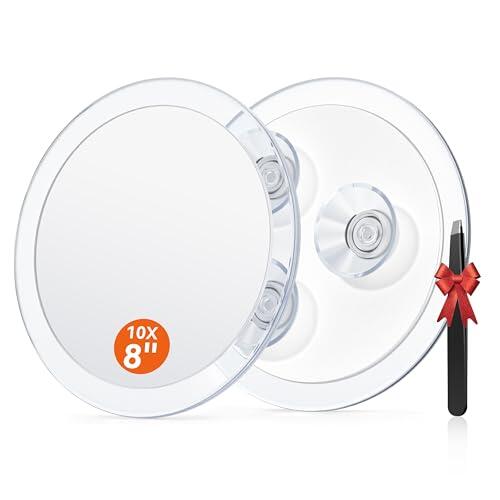 Auxmir Espejo de Maquillaje 10X con 3 Ventosas, Espejo de Aumento 20cm para Baño o Viaje, Espejo Portátil Redondo de Pared, Transparente