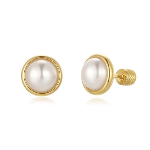 TIZU Pendientes de Perlas de Oro 14K para Mujer con Cierre de Rosca Perlas de Agua Dulce Cultivadas(10mm)