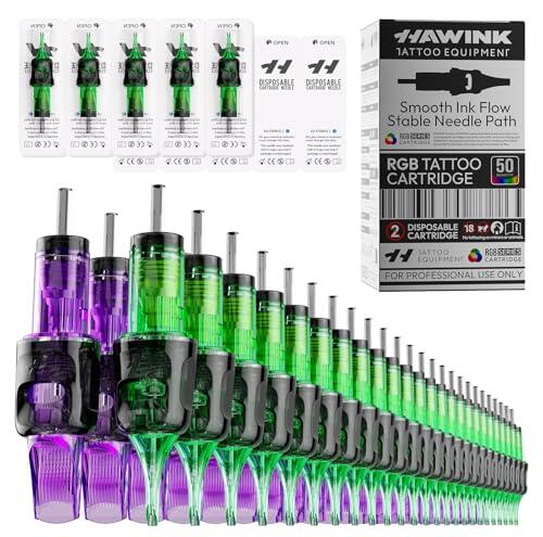 HAWINK Agujas Tatuaje Kit 50 uds. Tattoo Cartuchos #10 Bugpin Round Liner/Shader/Magnum 3RL 5RL 7RL 3RS 5RS 7RM 9RM 11RM 13RM 15RM D. 0,30 mm Tattoo Supplies para Máquina Tatuaje EN20-FG-50KIT-N