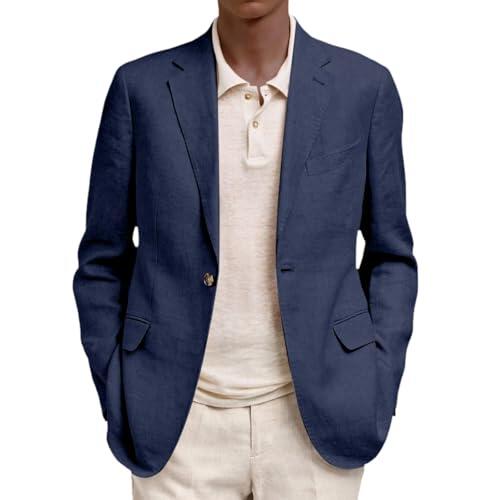 Chaqueta blazer para hombre, tela de lino de algodón, ajuste regular, cierre de dos botones, patrón de espiga, abrigo deportivo versátil para trajes, azul marino, 3XL