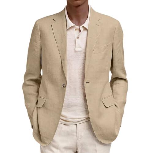 Chaqueta blazer para hombre, tela de lino de algodón, ajuste regular, cierre de dos botones, patrón de espiga, abrigo deportivo versátil para trajes, caqui, L