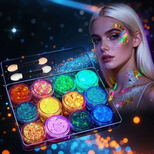 Sularpek 12 Colores Glitter Maquillaje, Brillantes para la Cara Purpurina Facial, Seguro y Resistente al Agua para Ojos Cuerpo Pelo Uñas Uso en Fiestas y Eventos Especiales