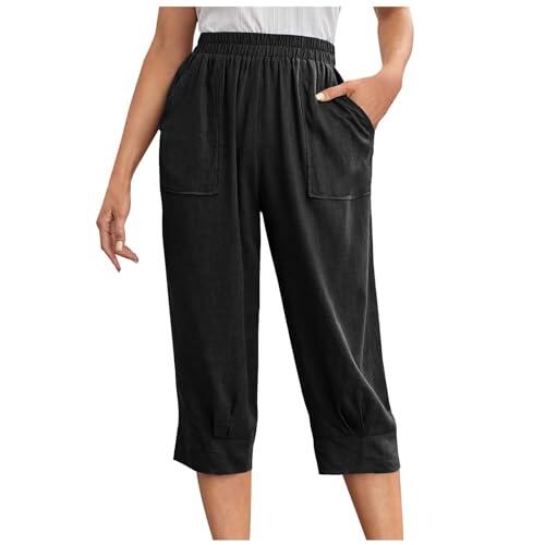 Generisch Pantalones Mujer Talla Grande Pierna Ancha Casual Verano Cintura Elástica Cordón Cordones Pantalones Cortos Bolsillos Pantalones 7/8 Mujer Verano, Negro , S