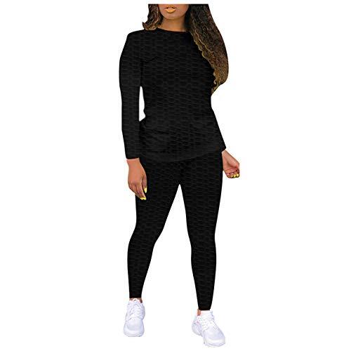 Generisch Traje de yoga sólido para mujer, conjunto de pista de manga larga, ropa deportiva, 2 piezas, para mujer, traje de casa, Negro , S