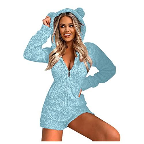 Generisch Mujeres de manga larga moda ropa de dormir traje de orejas de animal con capucha leopardo impreso mono pijamas ropa de dormir traje mono mujer verano sexy corto, azul claro, M