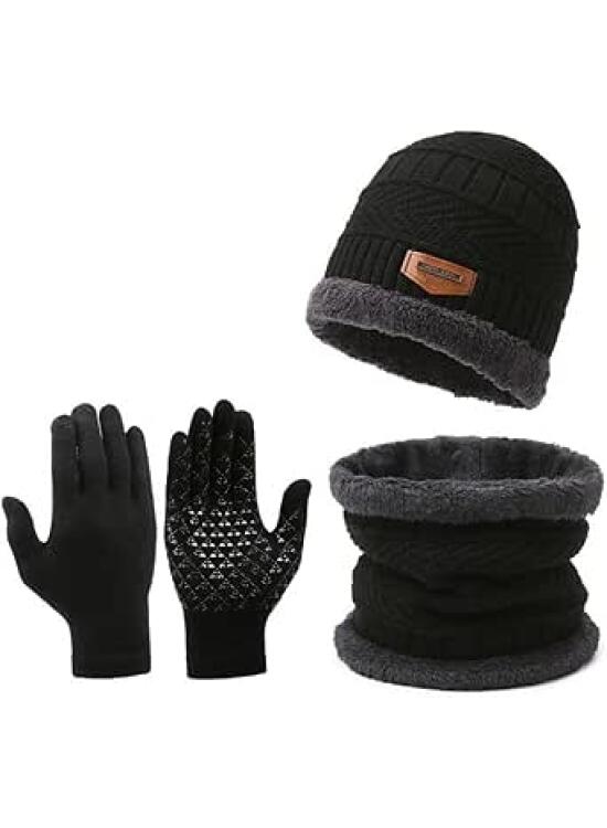 Juego de gorros, bufanda, guantes para pantalla táctil para hombres y mujeres, conjunto de guantes gruesos y cálidos con forro polar de punto