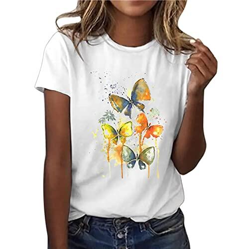 Mujeres Casual Tops Camisa Bonita Camiseta de Moda Estampada Manga Corta Suelta Temperamento Camiseta Cuello O Camiseta Top Camiseta Blanca Mujer, Blanco, L