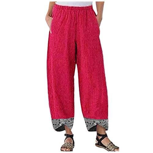 Generisch Pantalones sueltos de algodón irregular casual mujeres cintura elástica pierna impresión lino pantalones anchos pantalones cortos cuadros damas, rojo, S