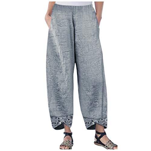 Generisch Pantalones sueltos de algodón irregular casual mujeres cintura elástica pierna impresión lino pantalones anchos pantalones cortos cuadros damas, gris, XL