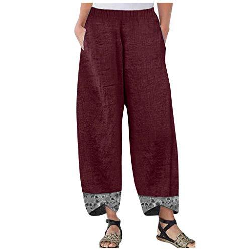 Generisch Pantalones sueltos de algodón irregular casual mujeres cintura elástica pierna impresión lino pantalones anchos pantalones cortos cuadros damas, Vino, XXL