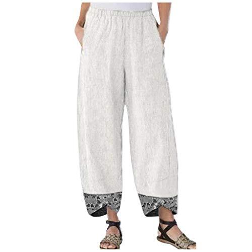 Generisch Pantalones sueltos de algodón irregular casual mujeres cintura elástica pierna impresión lino pantalones anchos pantalones cortos cuadros damas, Blanco, 5XL