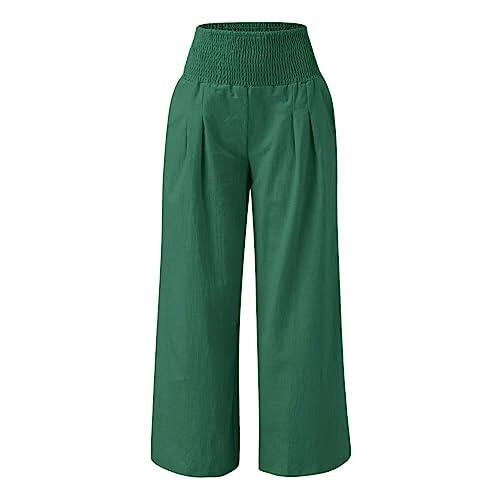 Generisch Pantalones Palazzo para mujer, de cintura alta, pierna ancha, informales, cómodos, elásticos, con bolsillos, verde, L