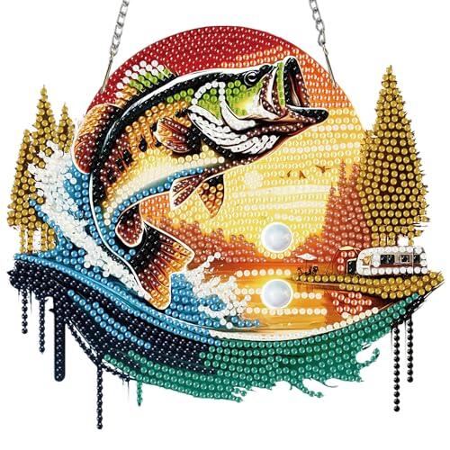 MISCER Kit de Pintura de Diamantes 5D Diamond Painting para Adultos, Adorno Colgante de Doble Cara con Cadena, Manualidades DIY Decoración de Pesca Ventana Casa (Pez Black Bass)