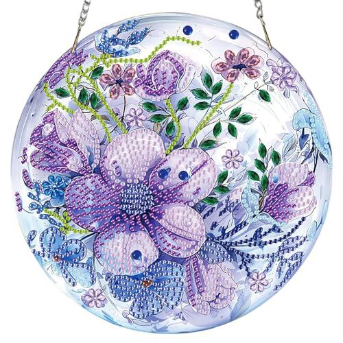 MISCER Kit de Pintura de Diamantes 5D Diamond Painting para Adultos, Adorno Colgante de Doble Cara con Cadena, Manualidades DIY Decoración de Ventana Habitación (Flores Moradas Cristal)