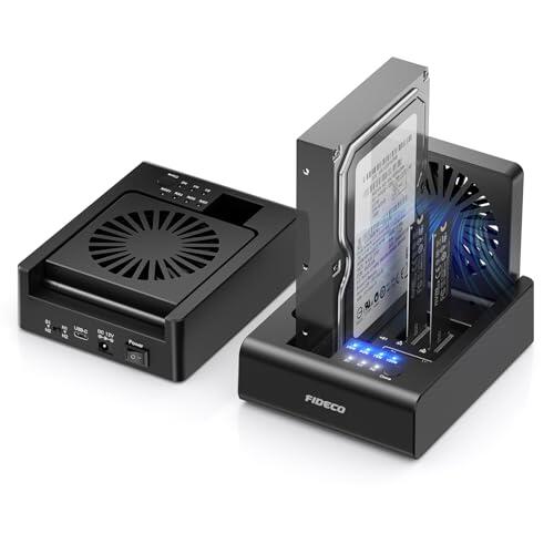 FIDECO HDD/M.2 NVMe SSD Cloner Docking Station, USB 3.2 Gen 2 (10 Gbps), base de clonación de disco duro de 3 bahías para SSD M.2 NVMe y HDD SATA de 2,5"/3,5", con ventilador plegable