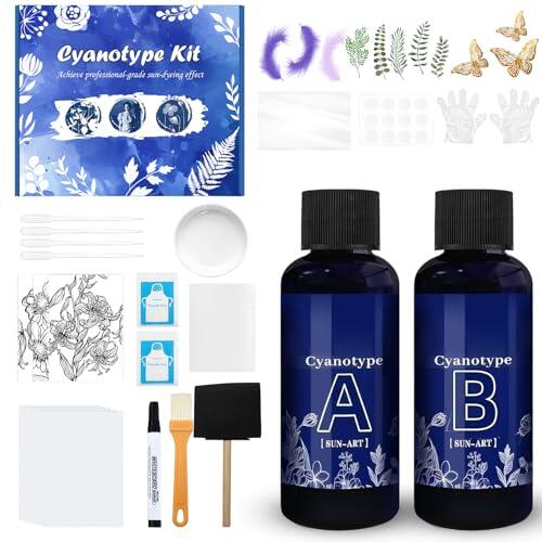 HONTAOK 53 Piezas Cianotipia Kit, Cyanotype Sensitizer Set, Kit Completo de Cianotipo Ideal Para Proyectos de Teñido de Tela Papel, Ideal Para Manualidades Bricolaje. Da Rienda Suelta Tu Creatividad