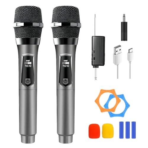 PORFOYO Micrófono inalámbrico, 2 piezas UHF Micrófono inalámbrico, juego de micrófono con receptor recargable, micrófono de mano doble, alcance de 50 m, para karaoke, canto, fiesta, escenario, boda