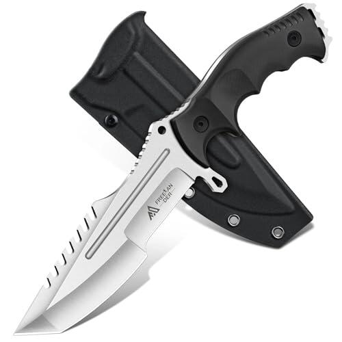 Freelander Cuchillo Supervivencia Acero D2 con Funda Kydex, Cuchillo Bushcraft Hoja Fija de 5 mm Full Tang, Cuchillos de Supervivencia Camping, Negro
