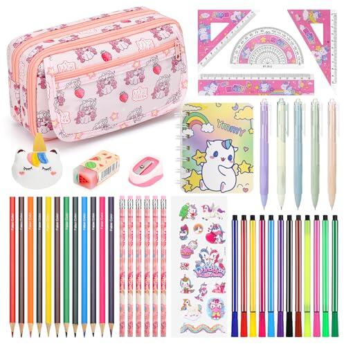 Osmikalo 45 Piezas Estuche Unicornio, Set Papelería Niña con Estuche Escolar Grande, Bolígrafos, Reglas, Rotuladores & Lápices de Colores, Unicornios Regalos Niñas 4 5 6 7 8 9 Años, Rosa