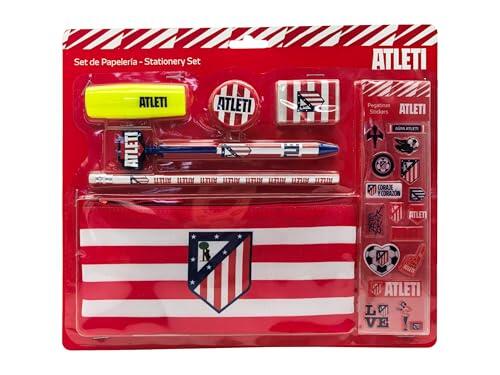 CYPBRANDS Atlético de Madrid, Set de Papelería, Portatodo, Lápiz, Goma, Sacapuntas, Bolígrafo, Subrayador, Pegatinas, Color Rojo, Producto Oficial