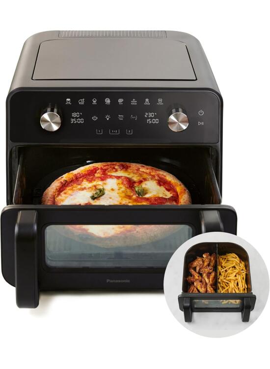 Panasonic NF-BC1000 Flex Freidora De Aire con Ventana De Visualización, XL Cesta Flexible, Divisor Extraíble, 9.6L, 30°-230°C, Vapor Suave, 8 Preajustes, Fácil Limpieza, Negra