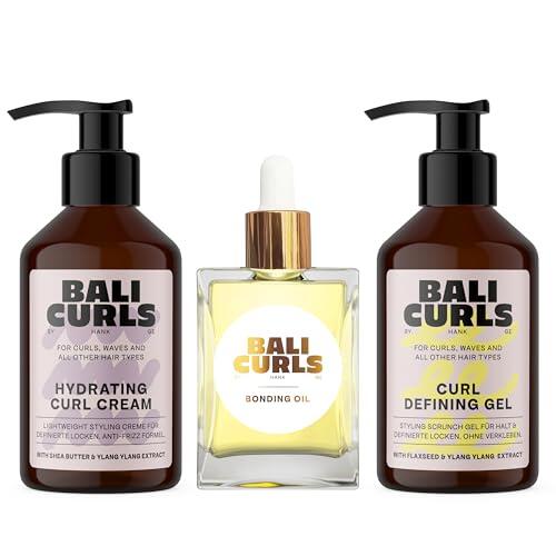 Bali Curls, set de gel para rizos (150 ml), crema hidratante para rizos (150 ml) y aceite para unión (30 ml), set para el cuidado de rizos definidos, brillantes y cuidados