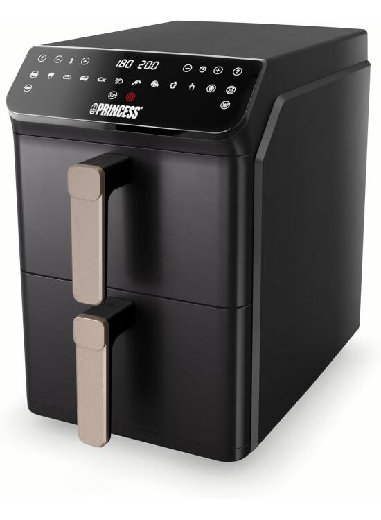 Princess Stack Freidora de Aire, Doble Freidora, 11,2 L, 3000 W, Diseño Vertical, Función Sincronizada, Revestimiento sin PFAS, Negro, 01.182278.01.001