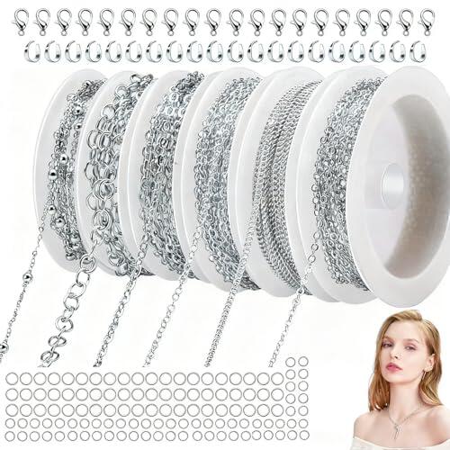 HaploS 14m 6 Rollos Cadena de Eslabones para Hacer Joyas, Cadena Anillos de Salto, por Metros Collares con Cierres de Langosta, Cadena Plata Mujer Manualidades Ketten Selber Machen