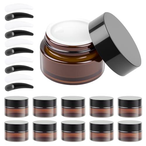 11 Pcs Tarros de Vidrio con Tapa 20ml, Contenedores de Cosméticos Tarros Viaje, Tarro de Crema Vacío, Frasco Vidrio ámbar, Frascos de Muestra Botes Vacios para Lociones Cosméticos + 10 espátulas