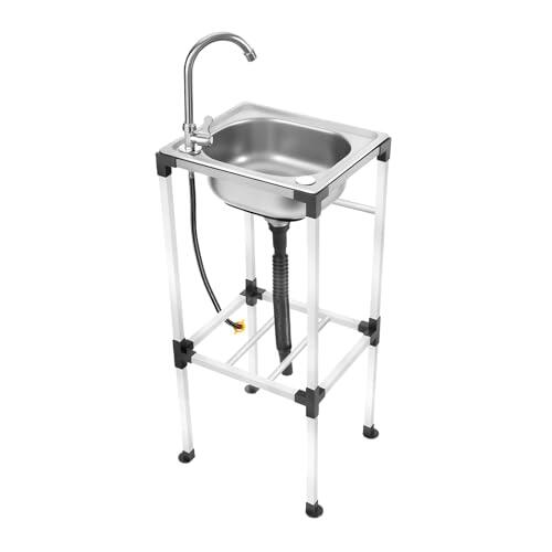 Fregadero independiente de acero inoxidable, fregadero de cocina, lavabo, lavabo con grifo, fregadero móvil de acero inoxidable con dispositivo de drenaje para cocina,restaurante,garaje,83x33x38cm