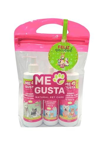 ME GUSTA Neceser Navidad, Contiene 3 Productos para Perros y Gatos, Champú eliminador de olores, Champú acondicionador, Agua de Colonia Talco
