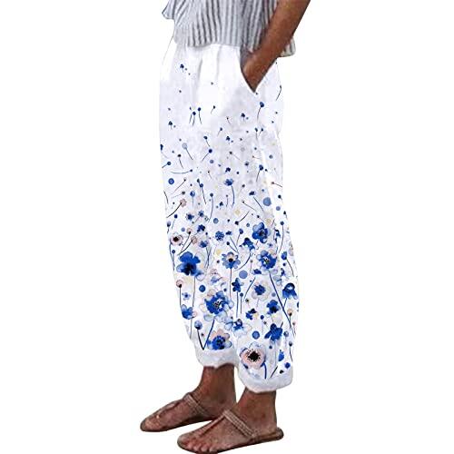 Generisch Pantalones de mujer con bolsillos de impresión de mariposa pantalones largos de algodón de cintura recta alta pantalones cómodos de ocio, azul, S
