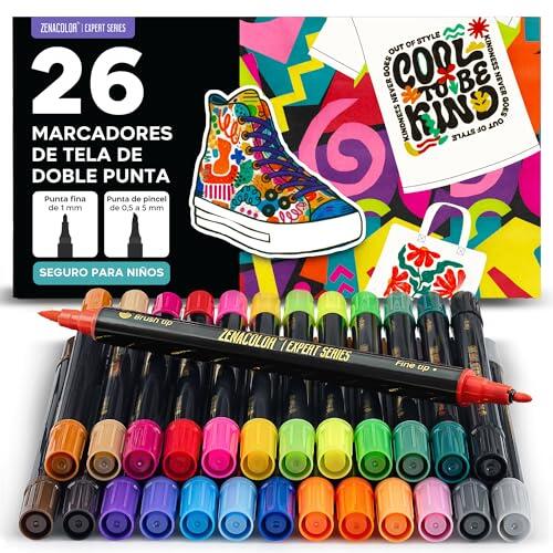 Zenacolor 26 Rotulador Textil Permanente Doble Punta - Pintura Textil Permanente y Lavable, Rotuladores para Tela - Pintura Para Tela, Ropa, Bolsas y Zapatos