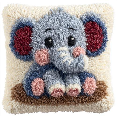 Henypt Kit Gancho de Pestillo, Bebé elefante animal Latch Hook Pillow Cover Cushion Kits,Sofá Cushion Cover Embroidery Craft Kit para Principiantes Patrón De Lona Impresa,43x43cm